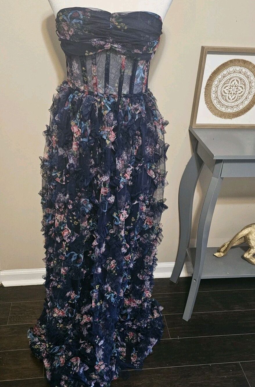 LULUS Stunning Element Navy Floral Mesh Ruffled Strapless Maxi Dress Size Small - Picture 2 of 13